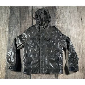 Levis Jacket Mens Medium Dark Brown Faux Leather Stowaway Hood